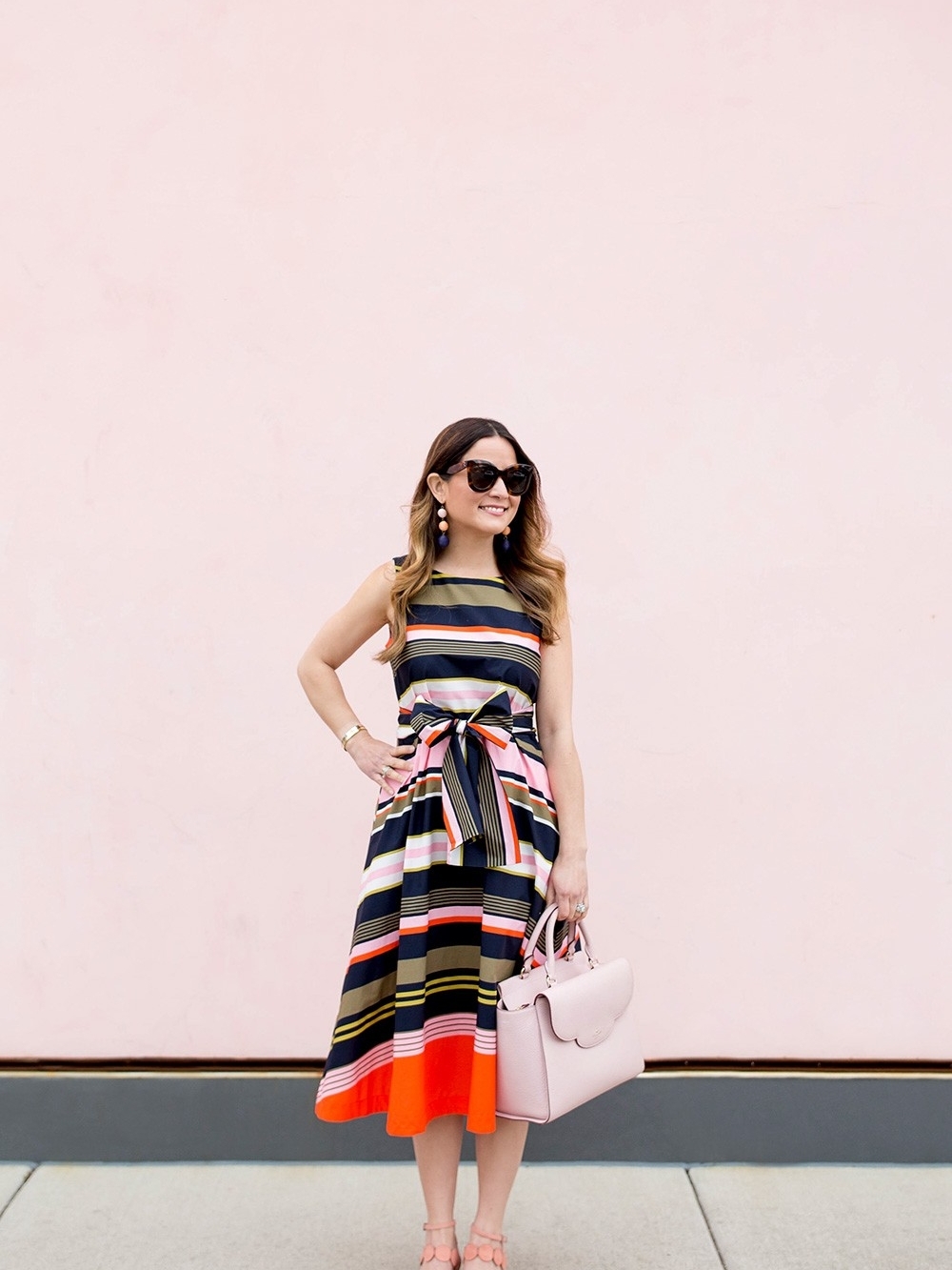 Striped Tie-Waist Midi Dress in Multi-Color